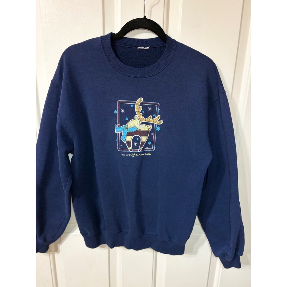 Reindeer Graphic Christmas Sweatshirt | L || Navy Blue|